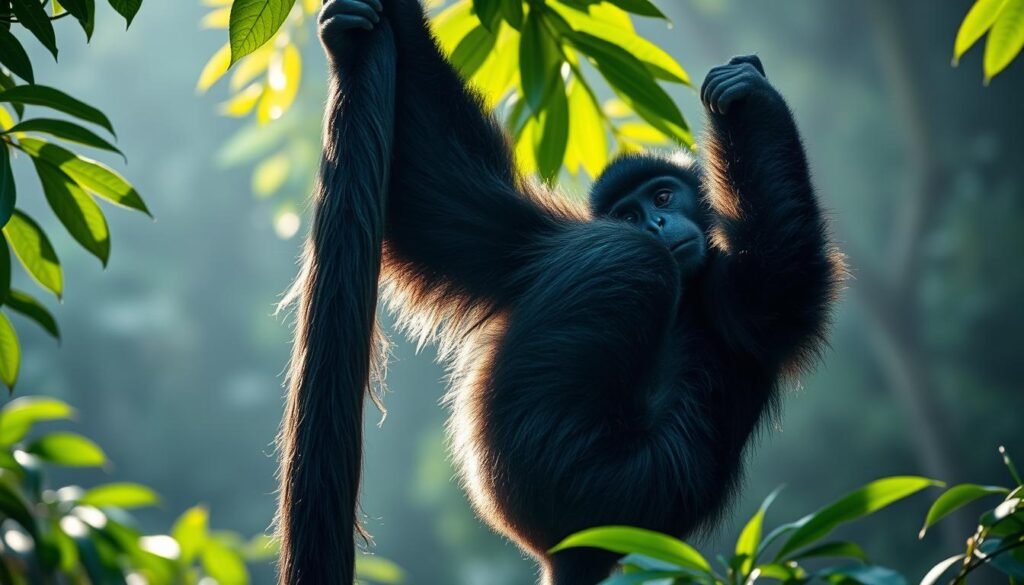 A majestic howler monkey gripping a lush, verdant tree branch with its long, prehensile tail. Dramatic lighting illuminates the intricate details of the tail's muscular structure, showcasing its incredible strength and dexterity. The monkey's powerful limbs and fingers are poised to effortlessly grasp and swing from the branch, while its expressive face exudes the unbridled energy and resilience of this remarkable jungle dweller. The scene is captured in a cinematic, close-up perspective, inviting the viewer to marvel at the evolutionary adaptation that enables the howler monkey to thrive in its tropical rainforest habitat.