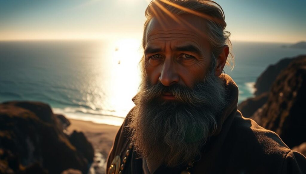 A majestic portrait of the legendary explorer Sebastian Vizcaino, illuminated by warm sunlight. In the foreground, Vizcaino stands tall, his weathered face and commanding presence reflecting the weight of his extraordinary accomplishments. In the middle ground, a sprawling coastal landscape unfolds, with rugged cliffs, pristine beaches, and a shimmering ocean horizon. The background is filled with the silhouettes of ships, symbolizing Vizcaino's vast maritime explorations and the legacy he left behind. The scene exudes a sense of adventure, discovery, and the pioneering spirit that defined Vizcaino's remarkable life and enduring impact on the exploration of California.
