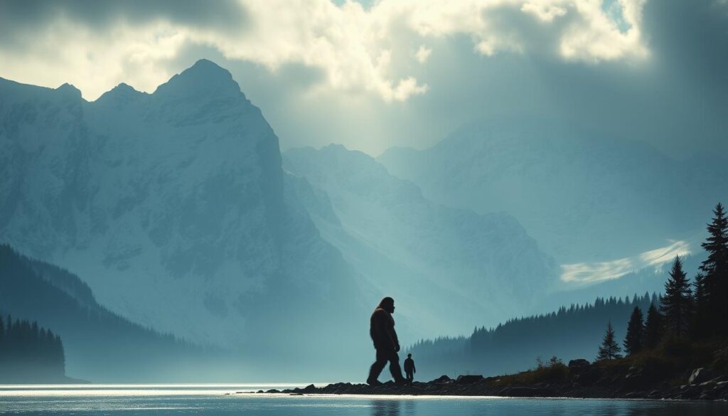 A majestic, snow-capped mountainous landscape, with a serene lake in the foreground. In the middle ground, a towering figure stands tall, its massive, hairy silhouette casting a imposing shadow. Beside it, a human figure stands in awe, providing a clear size comparison to the legendary Bigfoot. Dramatic, diffused lighting illuminates the scene, creating a sense of mystery and wonder. The composition emphasizes the sheer scale and grandeur of the mythical creature, inspiring a sense of curiosity and fascination in the viewer.