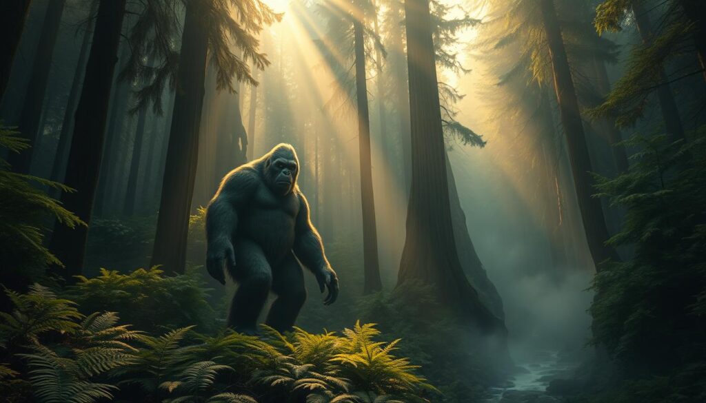 A majestic, towering Bigfoot creature stands tall in an ancient, primeval forest. Its fur-covered form blends seamlessly with the verdant undergrowth and towering trees surrounding it. Beams of soft, golden light filter through the canopy, casting a warm, mystical glow upon the scene. The Bigfoot's eyes are piercing and intelligent, its expression a mix of curiosity and guardianship over its woodland domain. In the distance, a misty, fog-shrouded creek winds its way through the lush, fern-carpeted forest floor. An atmosphere of wonder, mystery, and the untamed power of nature pervades the entire composition.