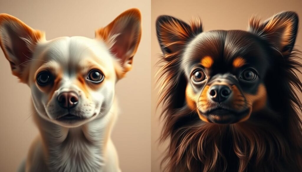 A meticulously crafted close-up comparison of two distinct Chihuahua coat types, showcased against a soft, neutral background. The image captures the silky, short-haired Chihuahua on the left, and the lush, long-coated Chihuahua on the right, both gazing directly at the camera with their signature alert expressions. Warm, natural lighting accentuates the subtle differences in texture, color, and overall appearance between the two varieties. This detailed side-by-side visual serves as an informative and visually compelling illustration of the breed's diverse coat options.