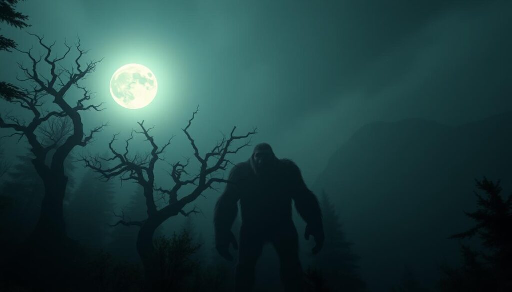 A misty forest, illuminated by a full moon, sets the stage for a legendary encounter. In the foreground, a towering, hairy humanoid figure stands amidst the shadows, its piercing gaze commanding attention. The middle ground reveals ancient trees, their twisted branches casting eerie silhouettes, hinting at the mystery and wonder of the Bigfoot legend. In the background, faint glimpses of mountain peaks and a starry sky suggest a remote, untamed wilderness, the perfect backdrop for this mythical creature. Dramatic lighting and a moody, atmospheric tone evoke a sense of the otherworldly, capturing the essence of Bigfoot's enduring place in folklore and the human imagination.