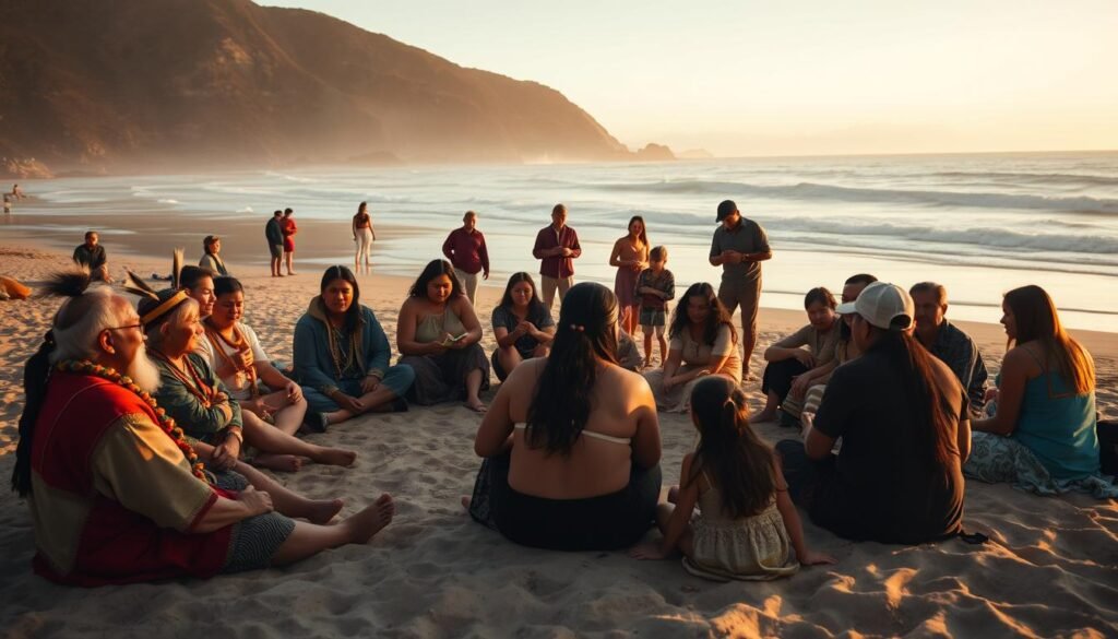 A modern Chumash community gathering unfolds in a serene coastal setting. In the foreground, a circle of indigenous elders and community members sit on the sand, engaged in animated conversation and sharing traditional knowledge. The middle ground features families and children partaking in cultural activities such as weaving, fishing, and storytelling. In the background, the Pacific Ocean meets the shore, with a gentle breeze and a warm, golden sunset casting a soft, ethereal glow over the scene. The lighting is natural and diffused, creating a sense of tranquility and connection to the land. The perspective is a wide angle, capturing the communal spirit and the picturesque coastal environment that has sustained the Chumash people for generations.