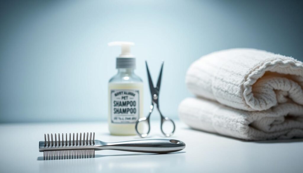 A neatly arranged still life showcasing the essential grooming tools for a Chihuahua. In the foreground, a small stainless steel brush and comb set, with gentle bristles designed for the delicate coat of this tiny breed. In the middle ground, a miniature set of scissors with sharp, curved blades for precise trimming. A small bottle of hypoallergenic pet shampoo and a soft microfiber towel occupy the background, creating a calming, spa-like atmosphere. Soft, diffused lighting from an overhead source illuminates the scene, emphasizing the quality and attention to detail of these specialized grooming tools. The composition is clean and uncluttered, allowing the Chihuahua-specific essentials to take center stage.