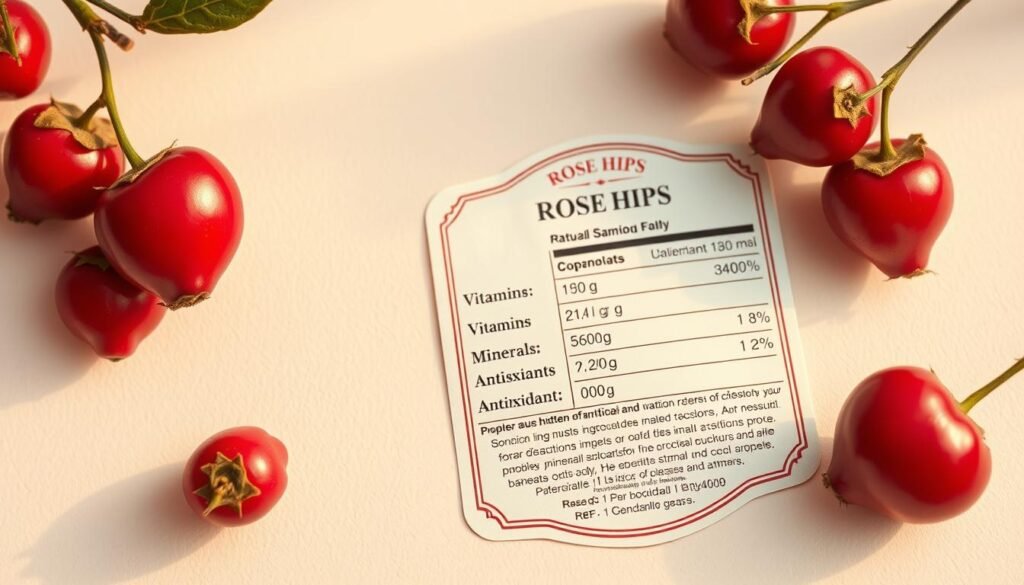 A nutritional label for rose hips, artfully displayed on a clean, minimalist background. The label features a detailed breakdown of the vitamins, minerals, and antioxidants found in these vibrant, ruby-colored fruits. Elegant typography and a classic, vintage-inspired design evoke the natural beauty and hidden benefits of rose hips. Soft, warm lighting casts a gentle glow, highlighting the deep, rich colors and textures. The composition is balanced, with the label as the focal point, surrounded by a subtle, organic backdrop that complements the rose hips' inherent elegance and charm.