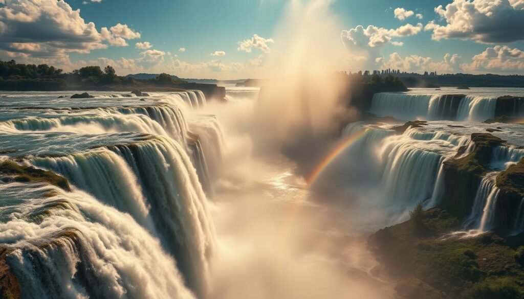 A panoramic view of the world's most famous waterfalls, captured in stunning detail. In the foreground, the majestic Niagara Falls cascades over towering cliffs, its thunderous roar and mist-shrouded flows. In the middle ground, the iconic Victoria Falls in Africa plummets over a mile-wide chasm, its rainbows arching across the sky. In the background, the serene beauty of Iguazu Falls in South America stuns with its hundreds of cascading cataracts. The scene is illuminated by warm, golden sunlight, casting a magical glow over the powerful, awe-inspiring natural wonders. A wide-angle lens captures the grand scale and grandeur of these global water features, showcasing their raw, untamed power and the magnificence of nature.