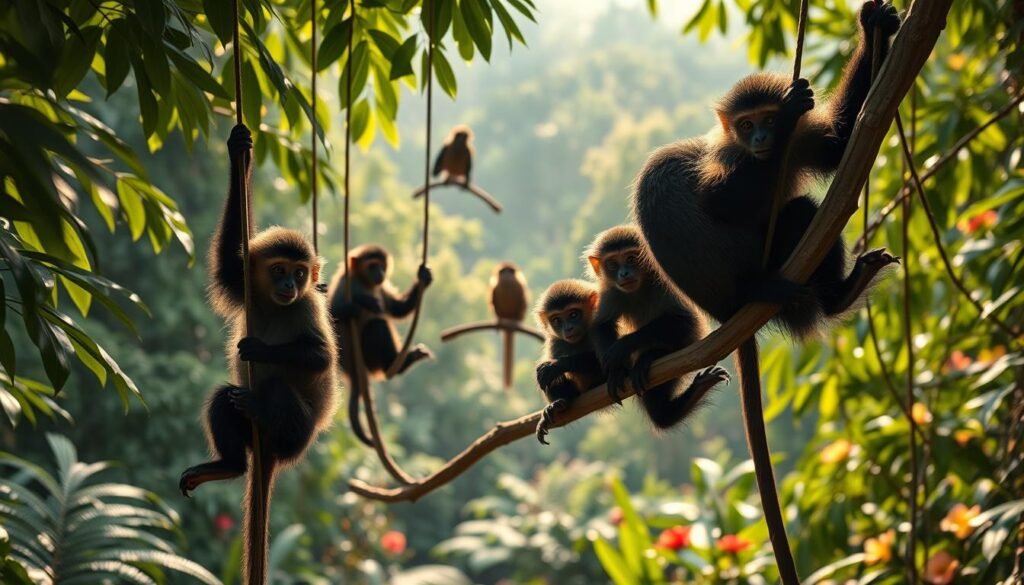 A playful scene of curious howler monkeys exploring their lush, verdant jungle habitat. In the foreground, a group of juvenile monkeys climb and swing from vines, their vibrant fur coats catching the warm, dappled sunlight filtering through the canopy above. In the middle ground, an adult monkey perches on a branch, observing the younger ones with an air of patient supervision. The background depicts the dense, layered foliage of the rainforest, with hints of colorful flowers and bird silhouettes in the distance, creating a sense of depth and wonder. The overall mood is one of energetic discovery and the natural wonder of these remarkable primates.