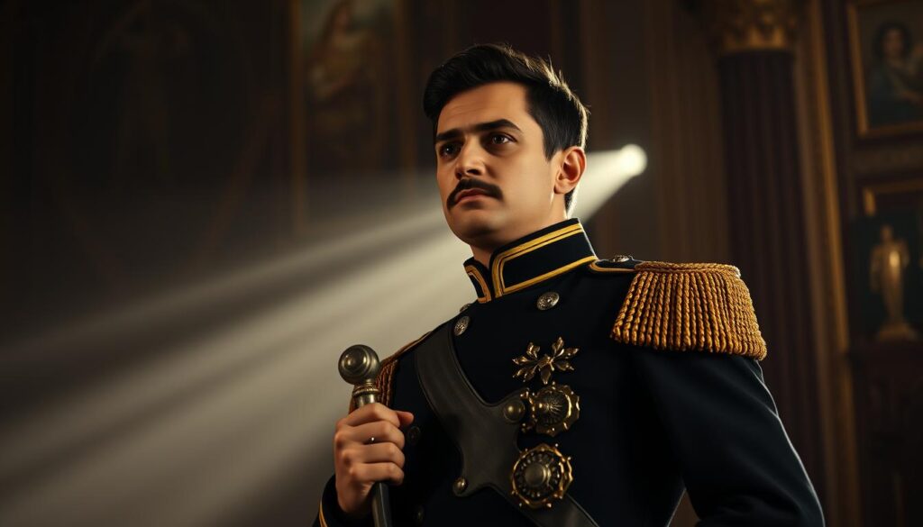A portrait of Sebastian Vizcaino, a Spanish naval officer and explorer, dressed in his military uniform. He stands confidently, one hand on the hilt of his sword, his gaze directed outward with a pensive expression. The background features a dimly lit, ornate interior, suggesting a military command center or royal palace. Soft lighting illuminates Vizcaino's face, creating a dramatic, chiaroscuro effect. The scene conveys a sense of authority, discipline, and the weight of Vizcaino's responsibilities as a Spanish commander during the Age of Exploration.