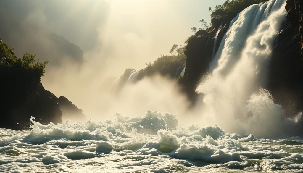A powerful cascade of water thunders over the rocky precipice, spray erupting in a dazzling display of force. In the foreground, the raging torrent crashes into a swirling pool, its surface churned into a frothing maelstrom. Sunlight filters through the mist, casting a shimmering radiance across the scene. In the middle ground, lush vegetation clings to the rugged cliffs, framing the captivating natural spectacle. The background fades into a hazy, dreamlike landscape, emphasizing the raw, untamed energy of the waterfall. Dramatic shadows and highlights accentuate the dramatic angles and turbulent motion, conveying the immense power of this natural wonder.