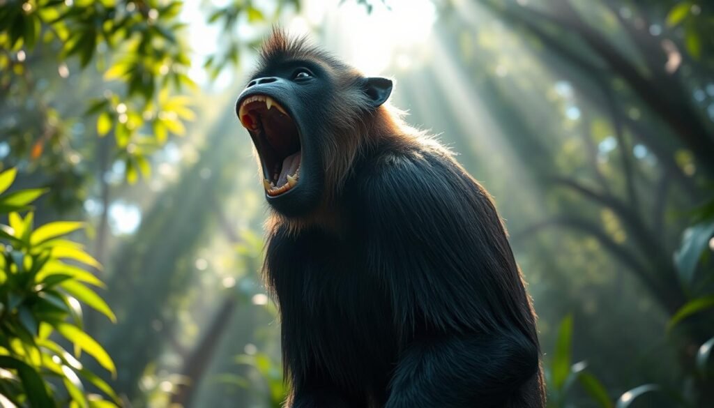 A powerful howler monkey stands in the lush, verdant jungle, its mouth agape in a resounding roar. Sunlight filters through the dense canopy, casting dramatic shadows and illuminating the animal's thick, glossy fur. The monkey's muscular neck is strained as it unleashes its legendary, bone-rattling call - the loudest vocalization of any land animal, echoing through the trees. The scene exudes a sense of awe and primal energy, capturing the sheer force and dominance of this magnificent creature within its natural habitat.