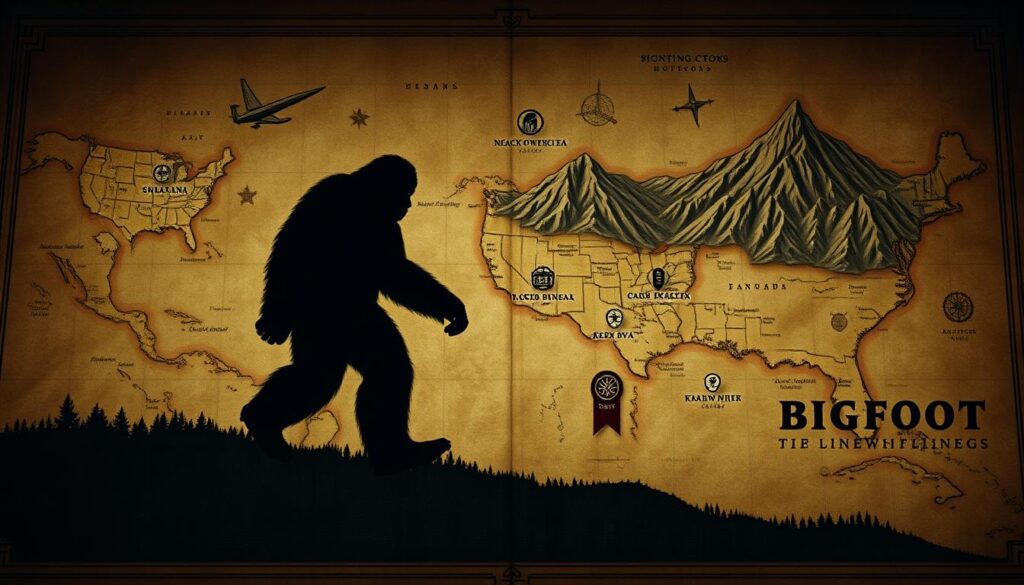 A richly detailed historical map depicting the locations of famous Bigfoot sightings throughout the ages. The foreground features a large, hairy cryptid silhouette casting a looming presence over the landscape. The middle ground showcases a patchwork of geographic regions, with icons and markers denoting sighting hotspots, ranging from rugged mountain ranges to dense forests. The background presents a vintage aesthetic, with faded parchment textures, antique cartographic elements, and a moody, atmospheric lighting that evokes a sense of the mysterious and the unknown. The overall composition conveys the enduring legend of Bigfoot and the captivating history of this elusive creature's reported encounters across the ages.