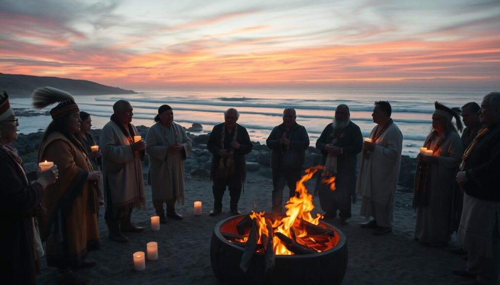 A sacred Chumash ritual unfolding in a serene coastal setting. In the foreground, a group of Native elders in traditional regalia stand in a circle, hands clasped, chanting and invoking ancient spirits. Warm candlelight flickers, casting a soft glow over their faces. In the middle ground, a crackling fire pit burns, its smoke curling skyward. Behind them, the rugged Californian coastline stretches out, waves lapping at the shore as the setting sun paints the sky in vibrant hues of orange and pink. An atmosphere of deep reverence and connection to the natural world permeates the scene.