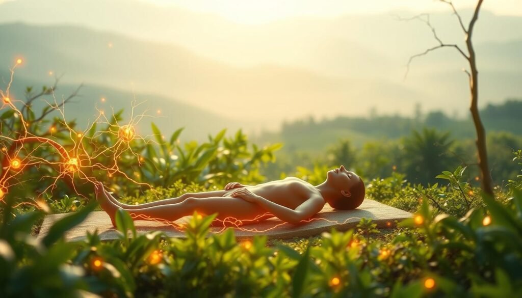 A serene and tranquil scene depicting the parasympathetic nervous system in a state of relaxation. In the foreground, a stylized human figure lies peacefully, their body languid and at ease. Surrounding them, intricate neural pathways and nerve bundles extend outward, glowing softly with a warm, calming energy. The middle ground features lush, verdant vegetation, with swaying leaves and gentle motion, creating a sense of harmony and balance. In the background, a softly lit, ethereal landscape sets the stage, conveying a meditative atmosphere. The lighting is natural and diffused, casting a soothing, ambient glow over the entire scene. The overall composition and color palette evoke a sense of inner peace, rest, and the restorative power of the parasympathetic nervous system.