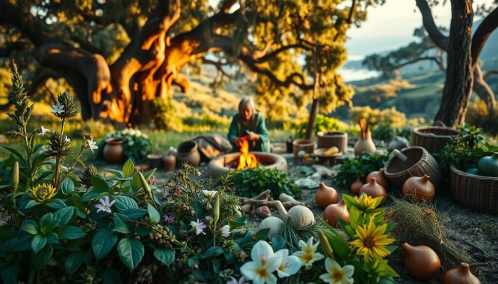 A serene and vibrant scene depicting the traditional Chumash herbal medicine and plant-based remedies. In the foreground, a selection of native medicinal herbs and plants are carefully arranged, their lush foliage and delicate flowers radiating a sense of natural healing. In the middle ground, a Native American elder tending to a small fire, surrounded by an array of baskets, gourds, and other traditional tools used in the preparation of herbal treatments. The background showcases the lush, verdant landscape of the Chumash homeland, with towering oak trees and a glimpse of the nearby Pacific Ocean. Warm, natural lighting bathes the scene, creating a calming, inviting atmosphere that reflects the holistic and sustainable approach to medicine practiced by the Chumash people.