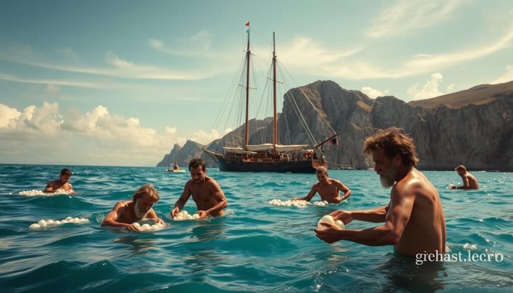 A serene seascape in the Gulf of California, where the explorer Sebastian Vizca&iacute;no and his crew engage in a pearl fishing expedition. In the foreground, weathered sailors skillfully retrieve glistening pearl oysters from the azure waters, their tanned faces etched with determination. The middle ground features Vizca&iacute;no's sturdy ship, its sails billowing in the gentle breeze, anchored in a sheltered cove. In the background, rugged coastal cliffs rise, their weathered faces casting long shadows across the tranquil scene. Warm, golden sunlight filters through wispy clouds, illuminating the entire tableau with a sense of timeless exploration and discovery.