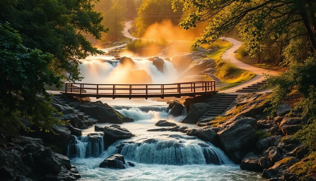 A serene waterfall cascades over craggy rocks, its misty spray illuminated by warm, golden sunlight. In the foreground, a sturdy wooden bridge spans the rushing waters, guiding visitors along a safe path. Lush, verdant foliage frames the scene, creating a tranquil, natural setting. In the distance, a trail winds through the picturesque landscape, inviting exploration while highlighting the importance of staying on designated routes. The overall composition conveys a sense of awe and respect for the power of the waterfall, underscoring the need for caution and responsible enjoyment of this natural wonder.