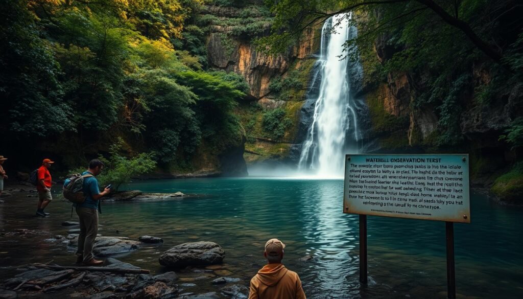 A serene waterfall nestled in a lush, verdant forest. In the foreground, a group of environmentalists carefully monitors the water flow and conducts water quality tests, ensuring the waterfall's delicate ecosystem remains healthy and thriving. The middle ground features a sign highlighting the importance of waterfall conservation efforts, encouraging visitors to tread lightly and appreciate the natural wonder. In the background, dramatic, soft-lit cliffs frame the cascading waters, creating a sense of awe and reverence. Warm, diffused lighting illuminates the scene, conveying a mood of harmony and stewardship between humanity and nature.