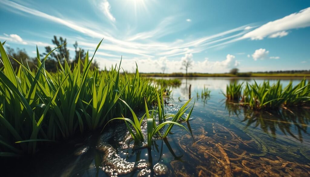 A serene wetland landscape with a vivid focus on the water filtration process. In the foreground, crystal-clear water flows through a lush, verdant reed bed, the plants' roots actively purifying the liquid. In the middle ground, sunlight filters through wispy clouds, casting a warm, natural glow. The background features a tranquil pond, its surface mirroring the surrounding foliage. Utilize a wide-angle lens to capture the depth and scale of this intricate, harmonious ecosystem. Convey a sense of wonder and appreciation for nature's remarkable water filtration abilities.