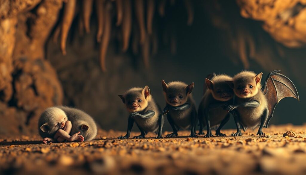A series of five meticulously rendered baby vampire bats in various stages of development, positioned in a natural cave setting with warm, dramatic lighting. The foreground features the newborn pup curled up, eyes closed, followed by progressively older individuals, each showcasing the distinct physical changes as they mature - from the fuzzy, pink newborns to the fully fledged, leathery-winged juveniles. The middle ground depicts the bats grooming and interacting, while the background reveals the shadowy, stalactite-laden cave interior, creating an atmospheric, awe-inspiring scene that captures the essence of these fascinating, nocturnal creatures. A series of five meticulously rendered baby vampire bats in various stages of development, positioned in a natural cave setting with warm, dramatic lighting. The foreground features the newborn pup curled up, eyes closed, followed by progressively older individuals, each showcasing the distinct physical changes as they mature - from the fuzzy, pink newborns to the fully fledged, leathery-winged juveniles. The middle ground depicts the bats grooming and interacting, while the background reveals the shadowy, stalactite-laden cave interior, creating an atmospheric, awe-inspiring scene that captures the essence of these fascinating, nocturnal creatures.