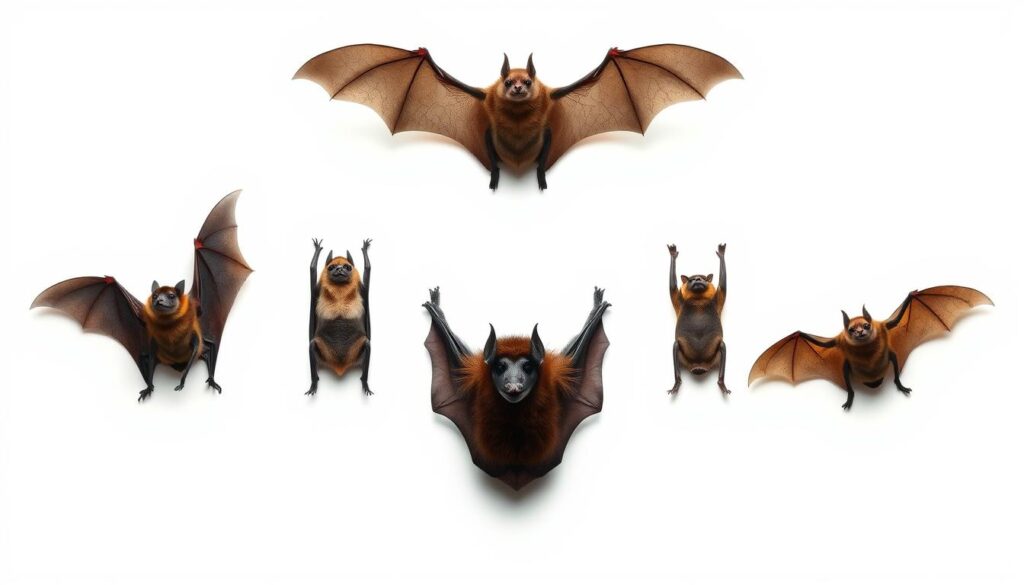 A stark, documentary-style illustration showcasing the size comparison between a common vampire bat and other bat species. Crisp, high-resolution photorealistic rendering with natural lighting, capturing the creatures in a minimalist, scientific frame against a plain white backdrop. The vampire bat takes center stage, its distinctive features and compact, muscular frame juxtaposed with the larger, more slender silhouettes of other bats of varying sizes arrayed around it. The composition emphasizes the unique physiological attributes that make the vampire bat a one-of-a-kind nocturnal predator, inviting viewers to appreciate the remarkable diversity within the bat family. A stark, documentary-style illustration showcasing the size comparison between a common vampire bat and other bat species. Crisp, high-resolution photorealistic rendering with natural lighting, capturing the creatures in a minimalist, scientific frame against a plain white backdrop. The vampire bat takes center stage, its distinctive features and compact, muscular frame juxtaposed with the larger, more slender silhouettes of other bats of varying sizes arrayed around it. The composition emphasizes the unique physiological attributes that make the vampire bat a one-of-a-kind nocturnal predator, inviting viewers to appreciate the remarkable diversity within the bat family.