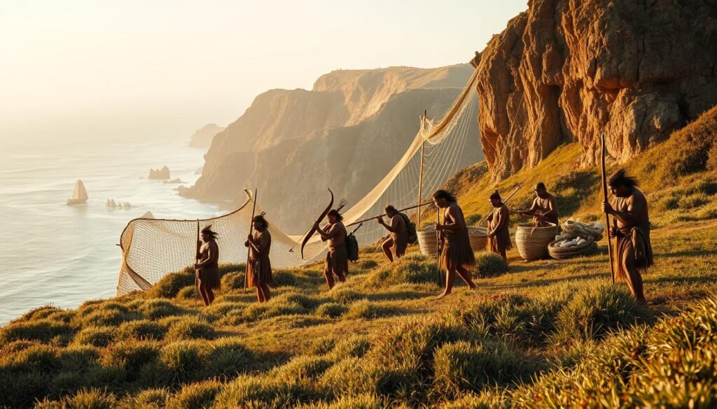 A striking outdoor scene depicting Chumash Native American hunters engaged in their traditional food gathering practices. In the foreground, a group of men armed with bows and arrows carefully tracking their prey through a lush coastal landscape. In the middle ground, others tend to fishing nets and baskets, processing their ocean catch. The background features a panoramic view of the rugged Chumash coastline, with towering cliffs, rocky outcroppings, and the deep blue Pacific beyond. The scene is bathed in warm, golden lighting, conveying a sense of timelessness and connection to the natural world. The composition emphasizes the Chumash people's skill, resourcefulness, and reverence for their environment.