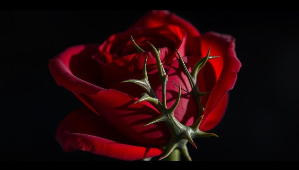 A stunning close-up shot of a vibrant red rose in full bloom, the petals unfurling to reveal a tangle of sharp, menacing thorns protruding from the stem. The thorns, in shades of deep green and brown, appear twisted and jagged, casting ominous shadows across the flower's delicate surface. The lighting is dramatic, creating a chiaroscuro effect that highlights the contrast between the rose's alluring beauty and its formidable defense mechanism. The background is blurred, allowing the viewer to focus solely on the captivating interplay between the rose and its thorns. A mesmerizing image that captures the inherent duality of this beloved flower.