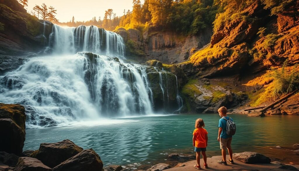 A stunning waterfall flowing over rugged, moss-covered rocks, surrounded by lush, verdant foliage. The cascading water shimmers in the warm, golden light, creating a mesmerizing display of nature's power and beauty. In the foreground, curious young explorers stand in awe, taking in the captivating scene. The middle ground features a serene, tranquil pool at the base of the waterfall, inviting further investigation. The background showcases a picturesque, heavily forested landscape, adding depth and a sense of adventure. Captured with a wide-angle lens, this image conveys the grandeur and wonder of this natural wonder, inspiring young minds to explore and learn more about the fascinating world of waterfalls.