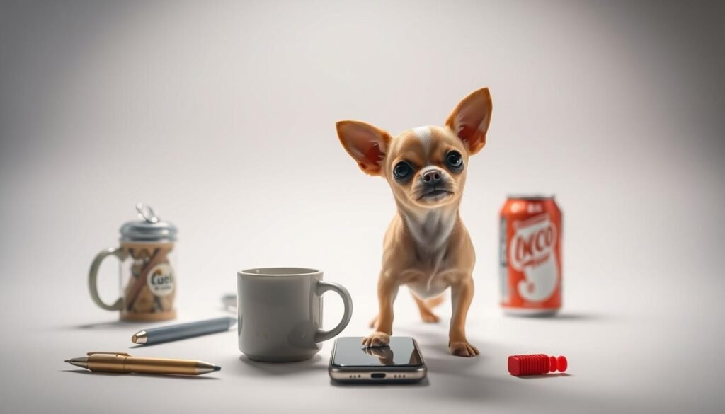 A tiny Chihuahua standing next to household objects for dramatic size comparison. In the foreground, the diminutive Chihuahua, its big eyes and pointed ears captured in striking detail, nestled next to a coffee mug or a pen for scale. The middle ground features additional everyday items like a smartphone or a soda can, emphasizing the Chihuahua's truly miniature stature. The background is a clean, white studio setting, allowing the subject to take center stage. Soft, diffused lighting from multiple angles accentuates the Chihuahua's delicate features and fluffy coat. The overall mood is one of wonder and amusement, highlighting the Chihuahua's endearing, pocket-sized presence.
