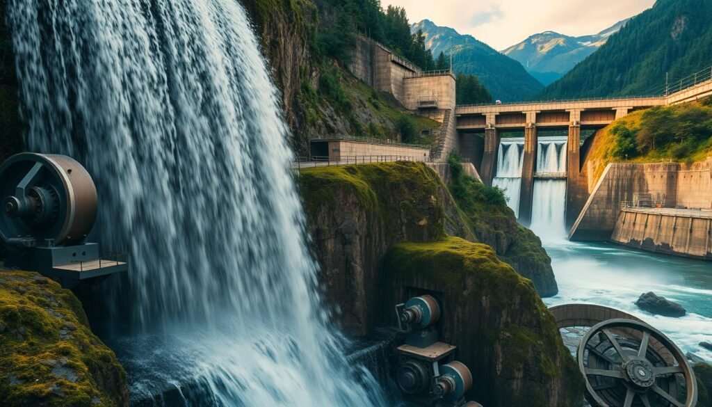 A towering waterfall cascades over rugged, moss-covered rocks, its powerful flow channeled through a hydroelectric dam's turbines. In the foreground, sleek metal mechanisms and gears transform the water's kinetic energy into electrical current, illuminated by warm, golden lighting. The middle ground reveals the dam's impressive structure, its angular, modernist design contrasting with the lush, verdant landscape that surrounds it. In the distance, a picturesque mountainous backdrop frames the scene, suggesting the immense scale and natural beauty of this renewable energy source. The overall atmosphere conveys a sense of engineering prowess harnessing the raw power of nature.