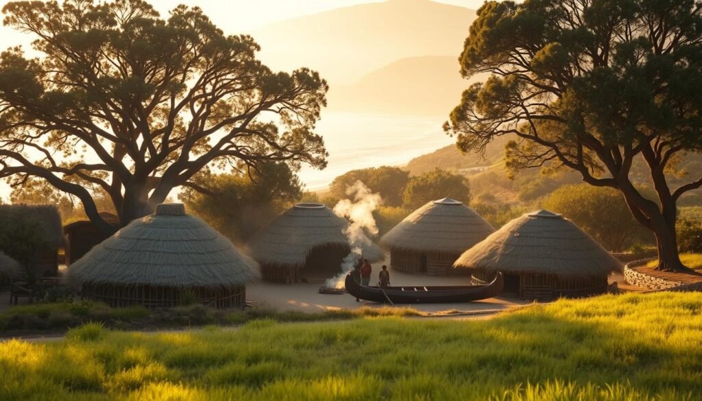 A traditional Chumash Native American village nestled along the Pacific coast, with thatched domed homes called 'apa' clustered around a central plaza. The structures are constructed from willow poles and covered in thatched grass roofs, with smoke rising from the central fire pits. Nearby, a family tends to their tomol canoe, a masterfully crafted watercraft used for fishing and ocean travel. The village is surrounded by lush vegetation, with towering oak trees and a verdant meadow in the foreground. Warm, natural sunlight filters through the scene, creating a serene and peaceful atmosphere that reflects the Chumash's deep connection to the land and sea.