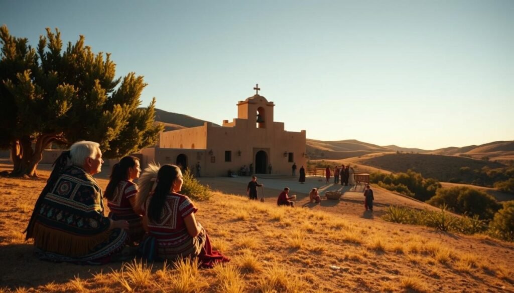 A tranquil Chumash mission nestled among rolling hills, bathed in warm, golden sunlight. In the foreground, a group of Native American elders sit in contemplation, their traditional regalia and intricate beadwork capturing the vibrant cultural heritage. Beyond them, the mission's adobe walls and bell tower rise, casting soft shadows across the scene. In the middle ground, Chumash people engage in daily activities - weaving baskets, tending to crops, and teaching their children the ways of their ancestors. The background frames the mission with a backdrop of lush, verdant foliage and a cloudless sky, evoking a sense of peace and harmony. The overall composition conveys the Chumash's deep connection to the land and their resilience during the mission period.