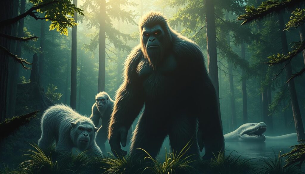 A verdant forest backdrop, sunlight filtering through the lush canopy. In the foreground, an assembly of enigmatic cryptid creatures - the towering, shaggy silhouette of Bigfoot standing proud, flanked by its lesser-known kin. Nearby, a Yeti-like figure prowls, its snowy white fur reflecting the cool, moody lighting. In the middle ground, a Sasquatch-adjacent being, with a more humanoid build, peers curiously from the undergrowth. In the distance, a Nessie-inspired serpentine form undulates through a misty lake. Subtle, painterly textures imbue the scene with an air of mystery and the unknown, capturing the essence of Bigfoot's elusive family tree.