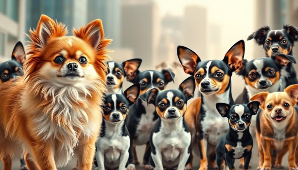 A vibrant and detailed collage showcasing the diverse coat colors and patterns of playful Chihuahuas. In the foreground, a fluffy Chihuahua with a rich, reddish-orange coat stands proudly, its attentive gaze capturing the viewer's attention. In the middle ground, a variety of Chihuahuas in striking black, white, and tan hues are arranged, their distinctive markings and textures accentuated by soft, directional lighting. The background features a soft, blurred cityscape, hinting at the Chihuahua's urban-dwelling nature. The overall composition conveys the Chihuahua's captivating charm and the breed's remarkable diversity of appearances.