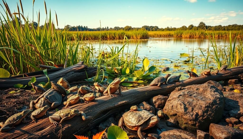 A vibrant and diverse freshwater wetland scene, captured under warm afternoon sunlight. In the foreground, a variety of amphibians and reptiles bask on fallen logs and rocks, including frogs, turtles, and newts. The middle ground features lush vegetation of cattails, water lilies, and tall grasses, providing shelter for birds, insects, and small mammals. In the background, a gently rippling pond reflects the sky and distant trees, creating a sense of tranquility. The overall composition highlights the rich biodiversity and natural harmony of this thriving wetland ecosystem.