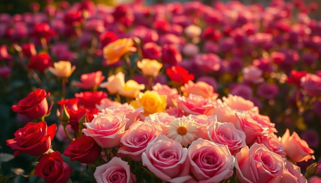 A vibrant arrangement of rose blooms in various hues, illuminated by warm, golden lighting. In the foreground, a lush display of red, pink, and white roses, their delicate petals softly backlit. In the middle ground, a bouquet of yellow, peach, and lavender roses, their colors blending seamlessly. In the background, a hazy, out-of-focus field of deep purple and burgundy roses, adding depth and richness to the scene. The overall composition conveys a sense of beauty, elegance, and the symbolic meaning behind each rose color.