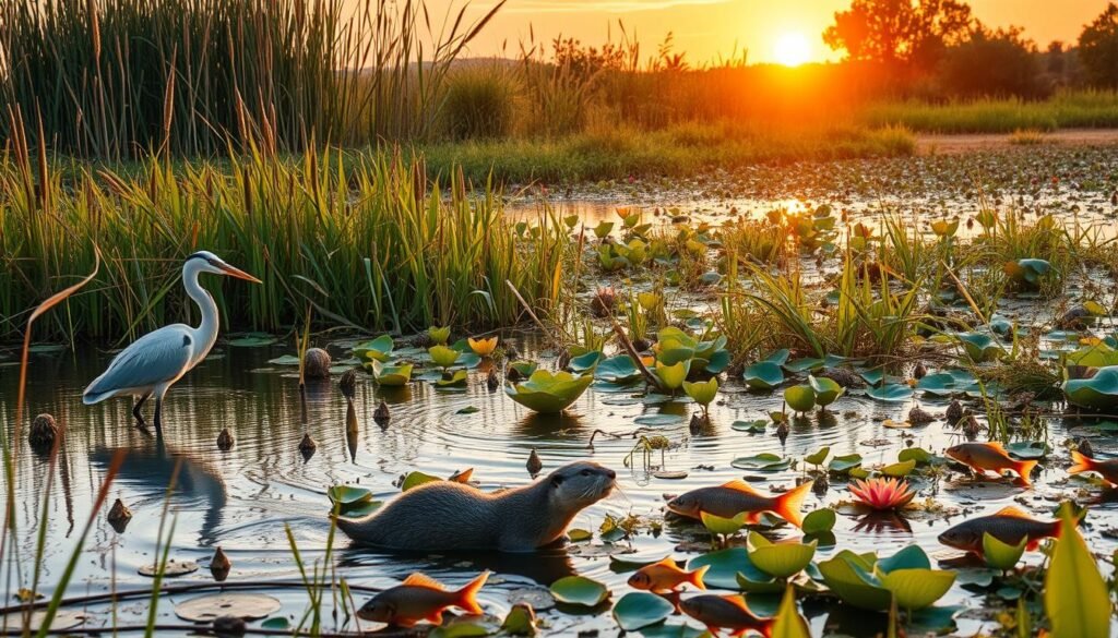 A vibrant, detailed wetland scene captured through a crisp, wide-angle lens. In the foreground, a group of diverse aquatic creatures - a graceful heron wading through shallow waters, a curious otter swimming nearby, and a school of colorful fish darting through the reeds. The middle ground features a lush, verdant landscape of towering cattails, water lilies, and other wetland flora, creating a natural, tranquil atmosphere. In the background, a warm, golden sunset illuminates the horizon, casting a soft, ethereal glow over the entire scene. The overall composition conveys the remarkable diversity and beauty of the wetland ecosystem.