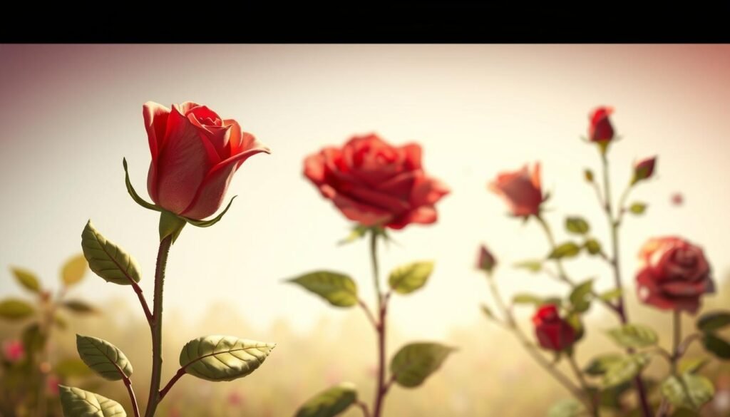 A vibrant, educational illustration showcasing the life cycle of a rose. In the foreground, a delicate bud unfurls, revealing the rose's soft, velvety petals. The middle ground depicts the full bloom, its crimson hues radiating warmth. In the background, a series of stages follows - from the fading flower to the development of rosehips. The scene is bathed in a soft, natural light, casting gentle shadows that accentuate the rose's intricate structure. The overall composition is designed to captivate young viewers, inviting them to explore the wonders of this classic flower's growth and transformation.