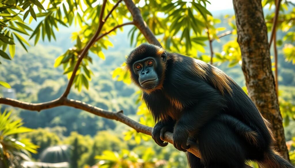 A vibrant, high-definition photograph of a howler monkey perched on a tree branch, surrounded by the lush, verdant foliage of a tropical jungle. Sunlight filters through the canopy, casting a warm, natural glow on the monkey's fur. Its distinctive, muscular build and striking black coat with golden highlights are rendered in meticulous detail. The howler monkey's alert expression and piercing gaze convey its keen senses and dominance within its habitat. In the background, a dense, layered jungle landscape recedes into the distance, creating a sense of depth and immersion. The overall scene exudes a sense of tranquility and the wild essence of the primate's natural environment.