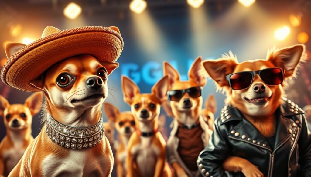 A vibrant, high-resolution image of a group of famous Chihuahuas in the spotlight of Hollywood. In the foreground, a Chihuahua wearing a tiny sombrero and a dazzling sequin collar, channeling the charisma of Taco from Beverly Hills Chihuahua. In the middle ground, a Chihuahua duo dressed as the Chihuahua Banditos from the animated film The Road to El Dorado, mischievously posing for the camera. In the background, a Chihuahua superstar wearing sunglasses and a studded leather jacket, embodying the edgy spirit of Bruiser Woods from Legally Blonde. The image is bathed in warm, cinematic lighting, capturing the glamour and excitement of these canine entertainers.