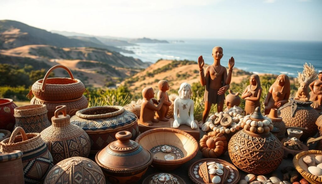 A vibrant mosaic of Chumash Native American art, crafted with intricate detail and cultural significance. In the foreground, intricately woven baskets and pottery feature intricate geometric patterns and organic shapes, reflecting the rich traditions of the Chumash people. In the middle ground, delicately carved wooden sculptures and shell jewelry adorn the scene, showcasing the Chumash's skilled craftsmanship and connection to the sea. The background depicts stunning coastal landscapes, with rolling hills, lush vegetation, and the tranquil waters of the Pacific Ocean, setting the stage for this artistic masterpiece. The lighting is soft and warm, casting a natural glow over the scene and evoking a sense of timelessness. The overall composition captures the essence of Chumash culture, its deep roots in the natural world, and the enduring legacy of its artistic expression.