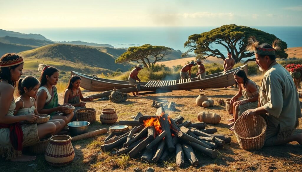 A vibrant scene of Chumash daily life unfolds before us. In the foreground, a family gathers around a central campfire, tending to cooking pots and weaving intricate baskets. The middle ground reveals a group of men constructing a tomol, the iconic Chumash plank canoe, their movements graceful and practiced. In the background, we glimpse the lush coastal landscape, with rolling hills, towering oak trees, and the shimmering blue ocean beyond. Soft, natural lighting casts a warm glow, capturing the peaceful, communal atmosphere of this Chumash village. The attention to detail and authenticity of traditional Chumash customs and craftsmanship is paramount, conveying the rich cultural heritage of this indigenous seafaring people.