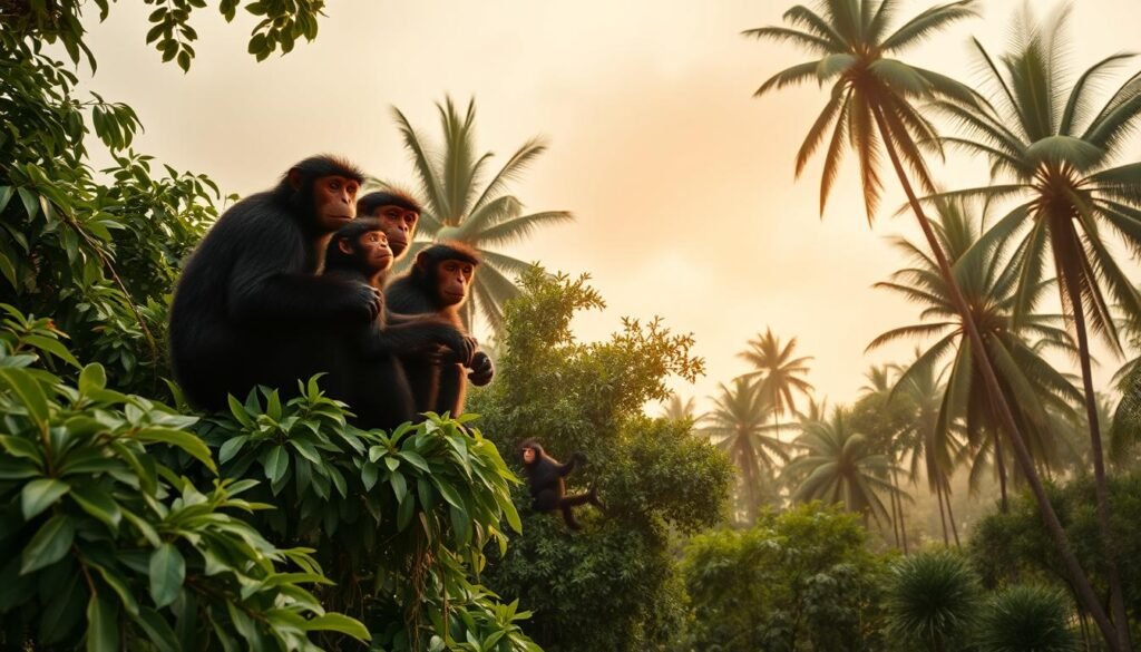 A vibrant scene of a howler monkey social group in their natural habitat. The foreground features a family of howlers huddled together on a lush, verdant tree branch, their characteristic black fur and bright orange faces standing out. In the middle ground, more monkeys can be seen swinging and climbing through the dense jungle foliage, their powerful tails aiding their acrobatic movements. The background is filled with towering tropical trees and a cloudy, atmospheric sky, casting a warm, golden glow over the entire composition. The lighting is soft and natural, highlighting the textural details of the monkeys' fur and the lush, organic environment. Captured with a wide-angle lens to convey a sense of depth and immersion, this image offers a captivating glimpse into the social dynamics and vibrant world of the howler monkey family.