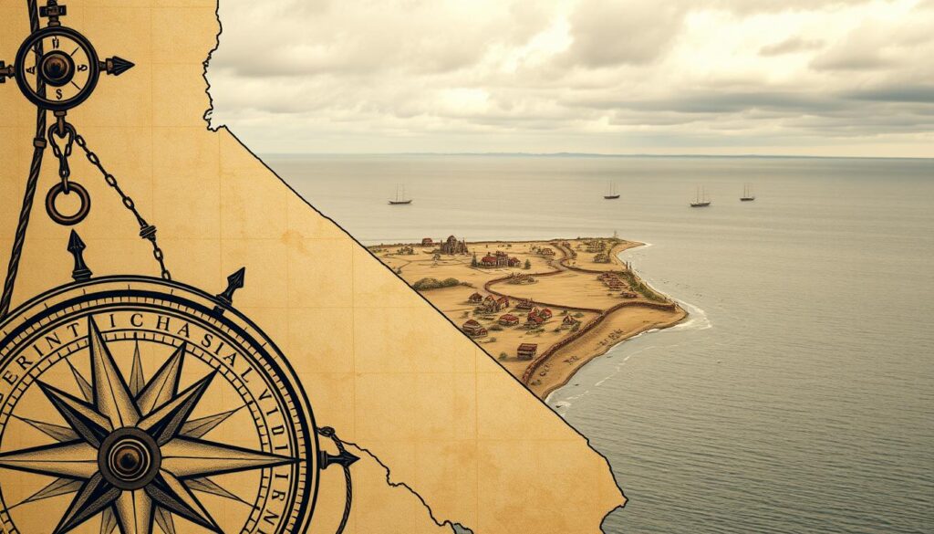 A vintage-style cartographic illustration depicting the California coastline as mapped by Sebastian Vizca&iacute;no in the early 17th century. In the foreground, a hand-drawn compass rose and ornate navigational instruments set the scene. The middle ground features a meandering shoreline dotted with Spanish mission landmarks and indigenous villages, rendered in a muted earthy palette. In the background, a stylized depiction of the Pacific Ocean, with ships sailing along the horizon under a cloudy, atmospheric sky. The overall aesthetic evokes the age of exploration, with a sense of historic discovery and geographic detail.