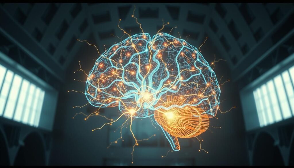 A vivid neural network in the shape of a human brain, with glowing synaptic connections pulsing with energy. The intricate web of neurons illuminates the foreground, surrounded by a dimensional, geometric architecture in the background. Diffused lighting casts dramatic shadows, emphasizing the three-dimensional depth and complexity of the neural network. The overall scene has a futuristic, technological aesthetic, conveying the incredible processing power and rapid information exchange of the body's neural system.