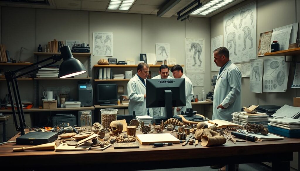 A well-equipped Bigfoot research lab, with high-tech equipment and experienced scientists intently studying clues and evidence. The foreground showcases a table with a collection of Bigfoot-related artifacts, casting an intense pool of light from an adjustable lamp. In the middle ground, scientists in white lab coats huddle around a computer monitor, analyzing data. The background reveals a wall of shelves stocked with scientific journals, samples, and intricate diagrams. Diffused lighting creates an atmosphere of focused investigation, as the researchers unravel the mystery of the elusive Bigfoot.