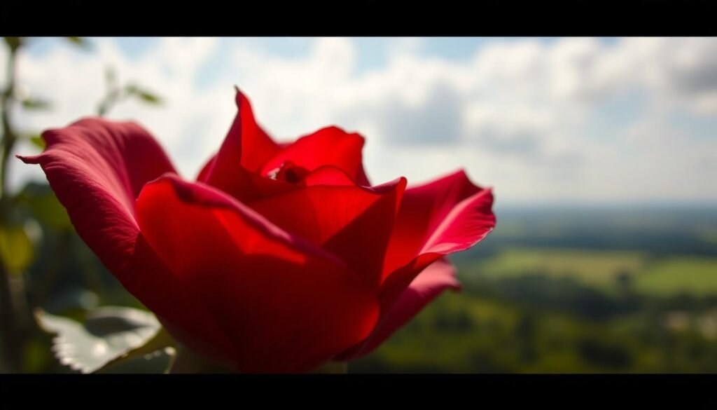 A whimsical, close-up view of a vibrant, crimson rose blossom, its petals gently unfurling to reveal a mesmerizing, intricate pattern. The delicate structure is illuminated by soft, diffused natural light, casting subtle shadows that accentuate the rose's alluring form. In the background, a blurred, dreamlike landscape with lush greenery and a hint of a azure sky, creating a sense of wonder and enchantment. The composition is balanced and visually captivating, inviting the viewer to explore the hidden secrets and marvels of this remarkable flower.
