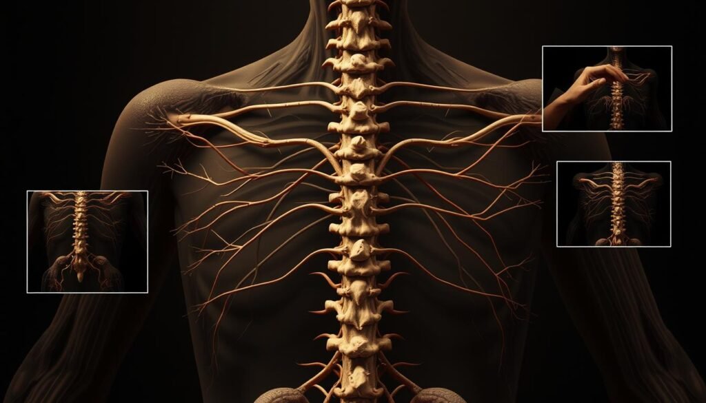 An anatomical illustration of the sympathetic nervous system, with a focus on the fight-or-flight response. A detailed, realistic rendering showcasing the intricate network of nerves, ganglia, and connections that coordinate the body's rapid emergency reactions. Depicted in muted, earthy tones to convey the serious, functional nature of this system. The composition features a central, enlarged view of the spinal cord and surrounding nerves, with smaller inset views highlighting key anatomical structures and pathways. Subtle lighting casts dramatic shadows, emphasizing the dynamic nature of this system. Rendered with a high level of scientific accuracy and attention to detail, creating a visually compelling and informative image.
