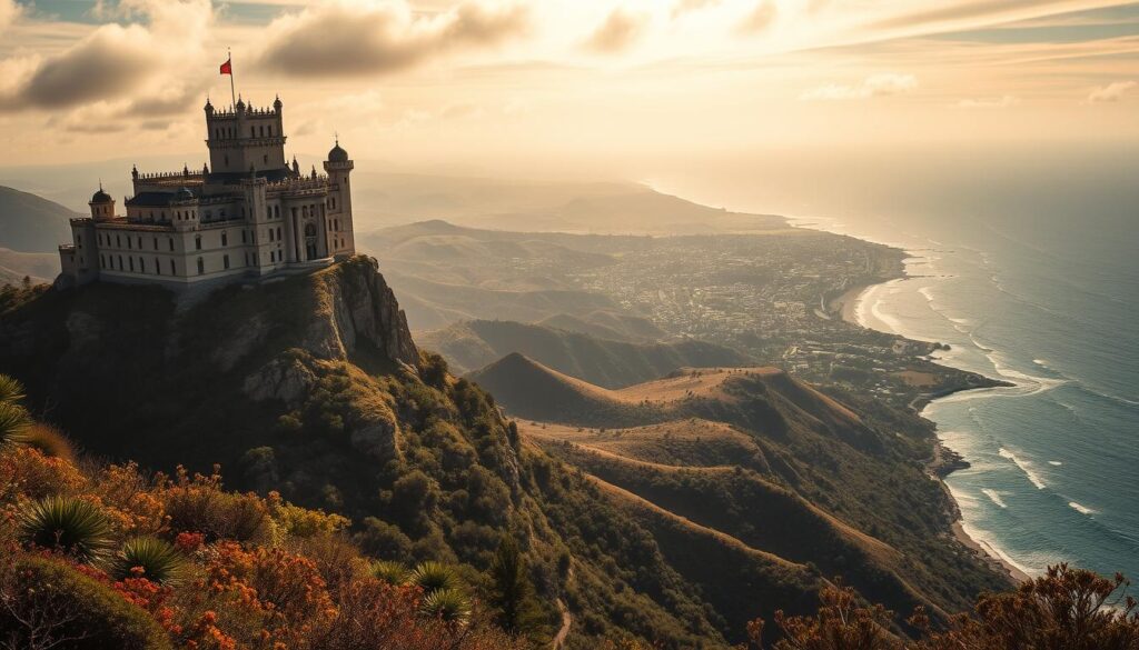 An expansive landscape of sun-drenched California geography, captured through the lens of Sebastian Vizca&iacute;no's intrepid exploration. In the striking foreground, the iconic Hearst Castle perches atop a rugged cliff, its grand architecture mirroring the grandeur of the Pacific Ocean below. In the middle ground, rolling hills dotted with native flora give way to the majestic Santa Lucia Mountains, their peaks reaching towards the sky. In the distance, the serene Carmel-by-the-Sea nestles along the coastline, its quaint charm and picturesque harbor honoring Vizca&iacute;no's mapping of this remarkable region. Warm sunlight filters through wispy clouds, casting a golden glow over the scene and evoking a sense of timeless wonder. This image captures the essence of the places forever linked to the explorer who left an indelible mark on the geography of California.
