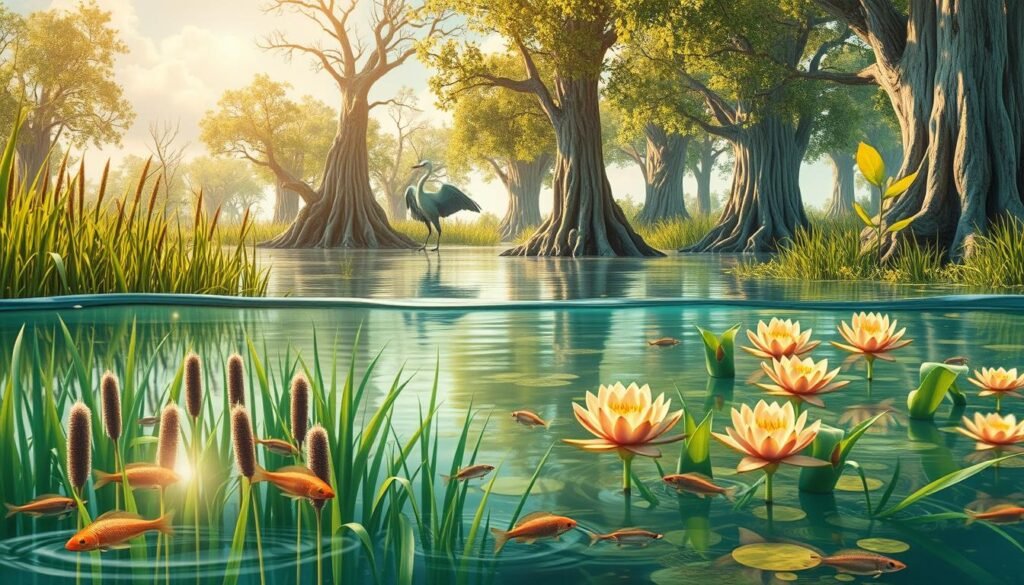 An illustrative landscape depicting the water purification process in a lush wetland ecosystem. In the foreground, crystal-clear water flows through dense reeds and cattails, their green stems and fuzzy plumes filtering out impurities. The middle ground showcases diverse aquatic life - schools of minnows, a graceful heron wading, and vibrant water lilies in bloom. Towering cypress trees, their knobby roots submerged, line the background, casting dappled shadows on the gently rippling surface. Warm, golden sunlight filters through wispy clouds, creating a serene, almost dreamlike atmosphere that highlights the natural beauty and vital role of wetlands in cleaning and replenishing our water.