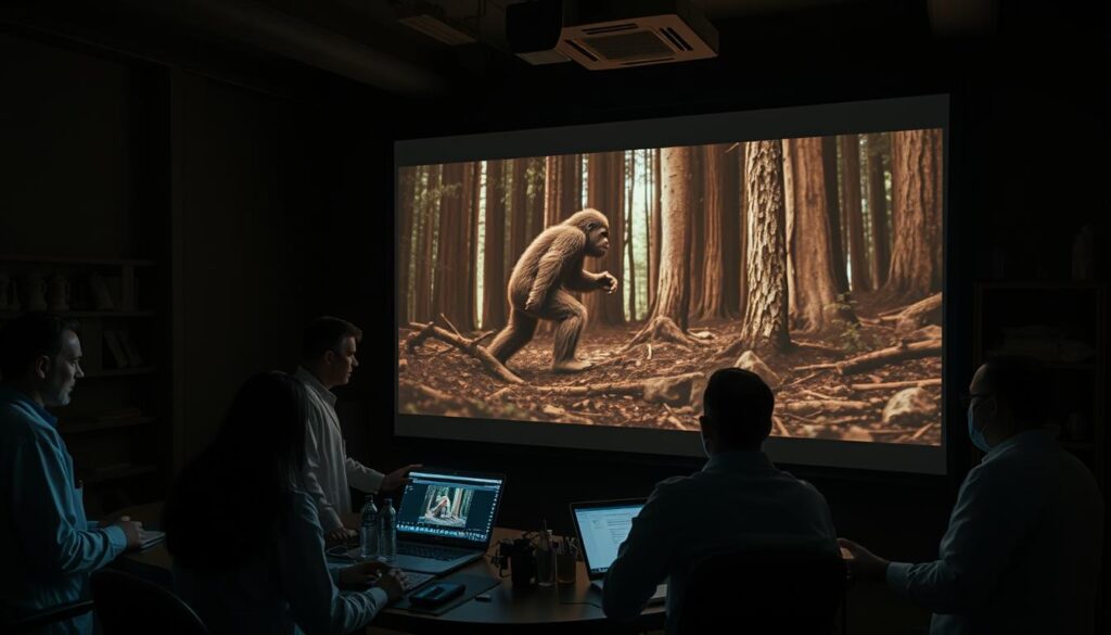 An image analysis studio, dimly lit with a sense of mystery. In the foreground, a large projection screen displays grainy footage of a bipedal, hirsute creature moving through a dense forest. Researchers in lab coats and laptops surround the screen, meticulously studying the footage, their faces illuminated by the glow of the display. The middle ground features technical equipment, cameras, and notepads, conveying the process of scientific investigation. In the background, shelves lined with reference materials and evidence bags hint at the extensive research undertaken to unravel the Bigfoot enigma. The overall atmosphere is one of intense focus and the pursuit of answers to this enduring cryptozoological mystery.